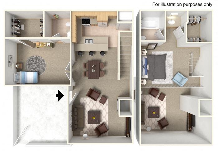 Floor plan for 2 beds, 2 baths, 1008 sqft